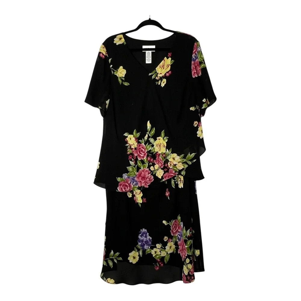 Studio I Womens 20W Black Floral 2 Piece Set Chiffon Top and Skirt Special Event